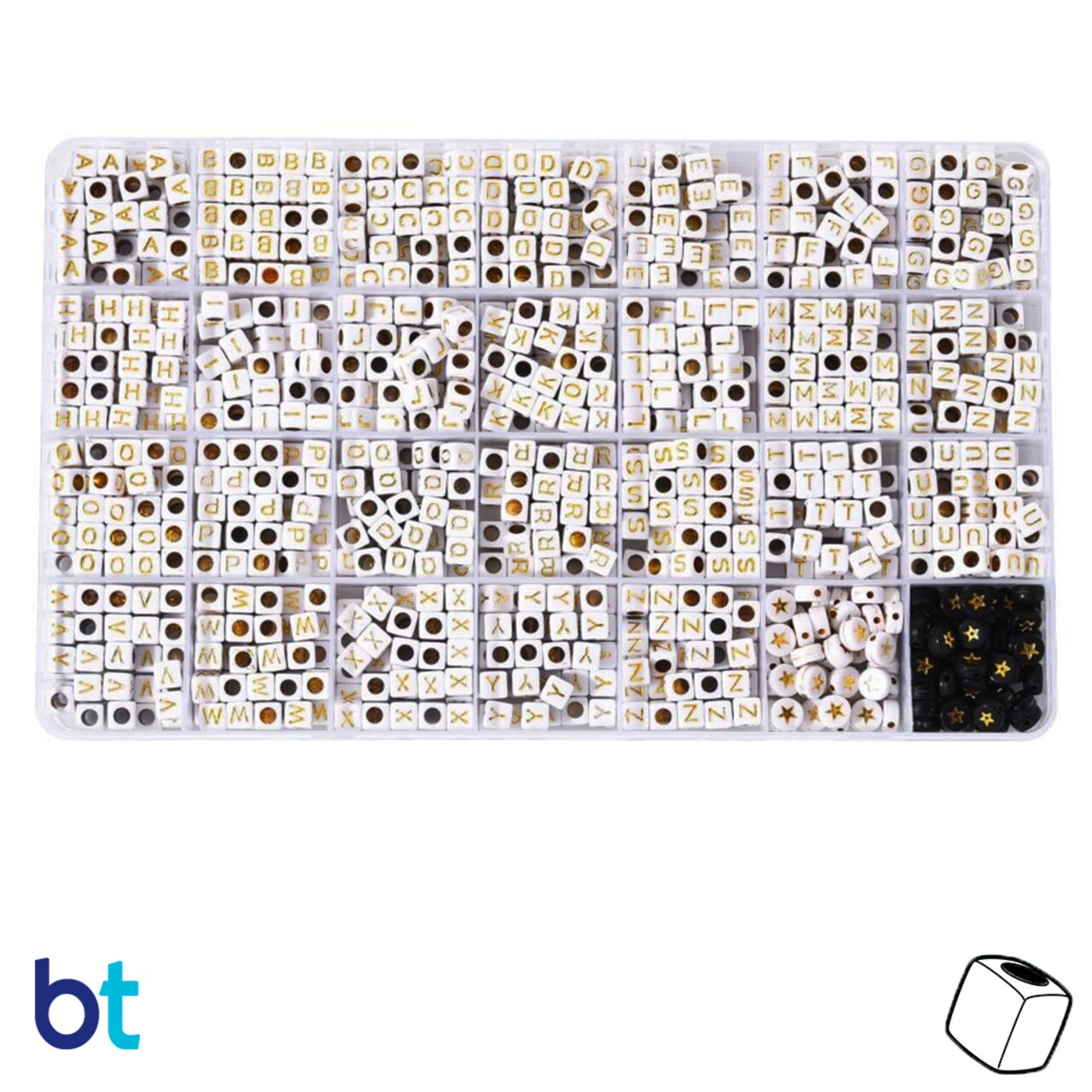 BeadTin White Opaque 6mm Cube Alpha Beads - Gold Letters (Box Set)